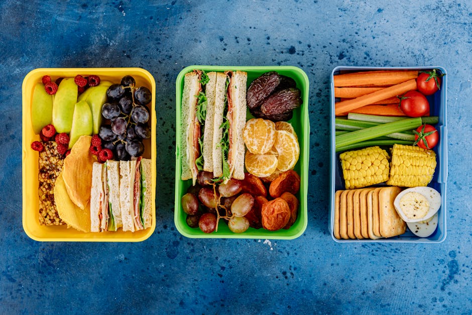 Three vibrant lunch boxes showcasing fruits, sandwiches, and vegetables on a blue textured background.